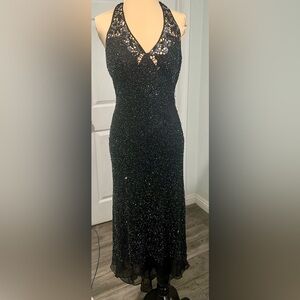 Papell Boutique Y2K Silk Beaded Halter MIDI Dress (Fixer)